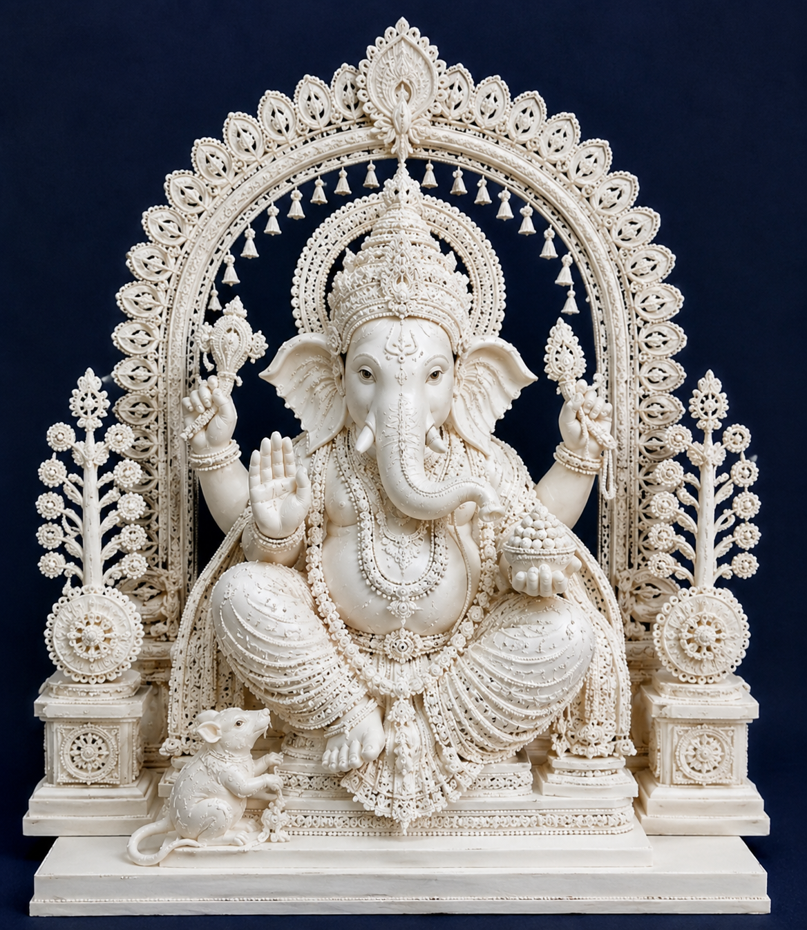 Intricately carved white Ganesh idol on a throne