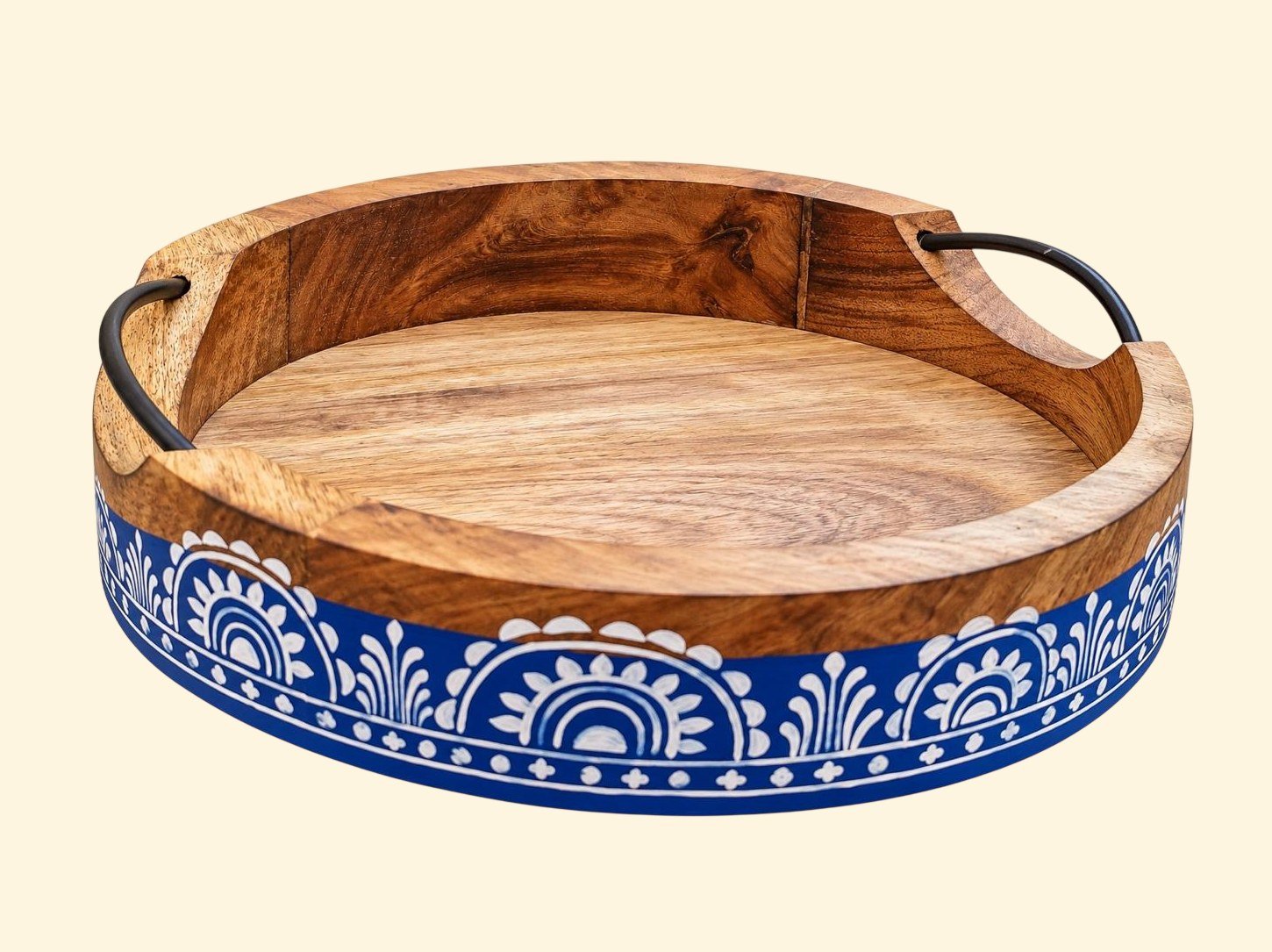 Alpana Painted Round Wooden Tray with Handles — Blue