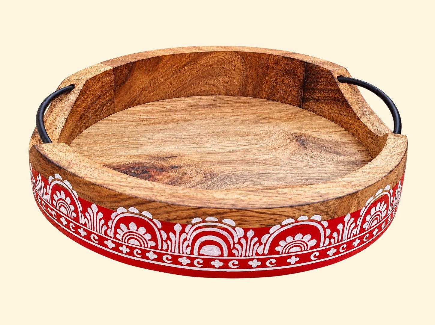 Alpana Painted Round Wooden Tray with Handles — Red