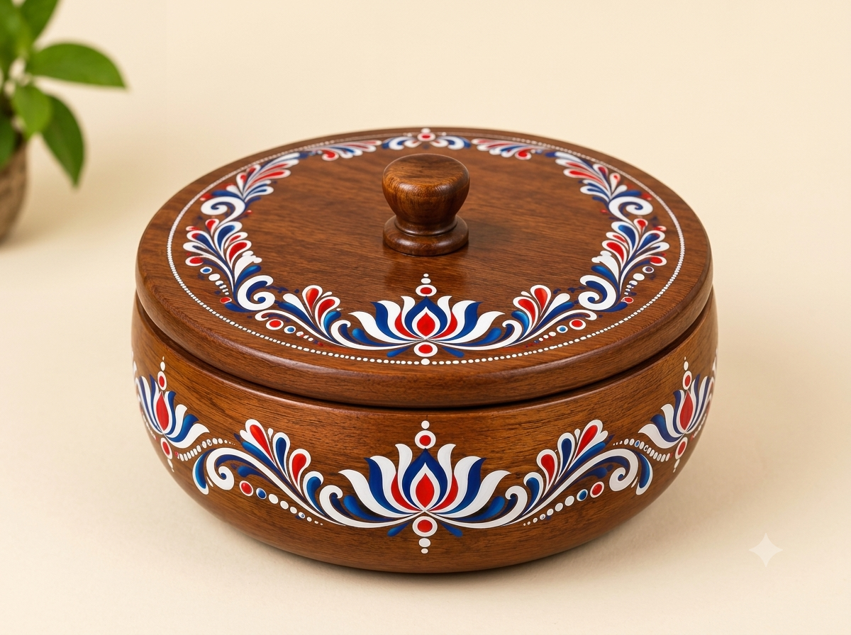 Alpana Painted Wooden Box — Blue & Red