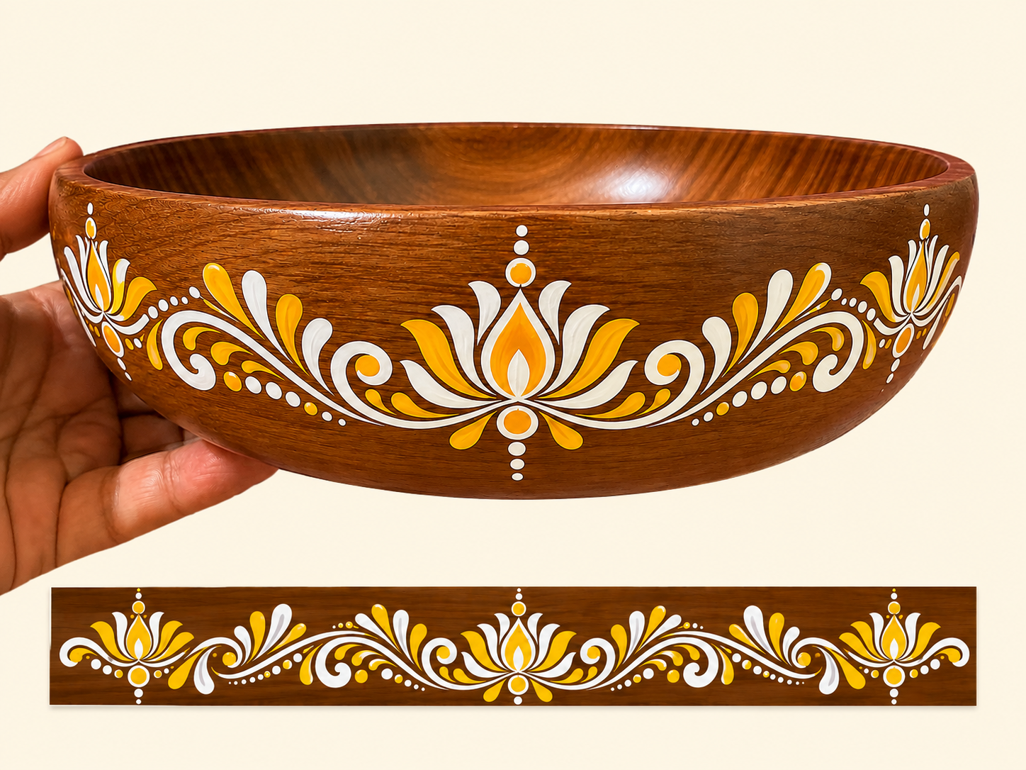 Alpana Painted Wooden Serving Bowl — Yellow Lotus