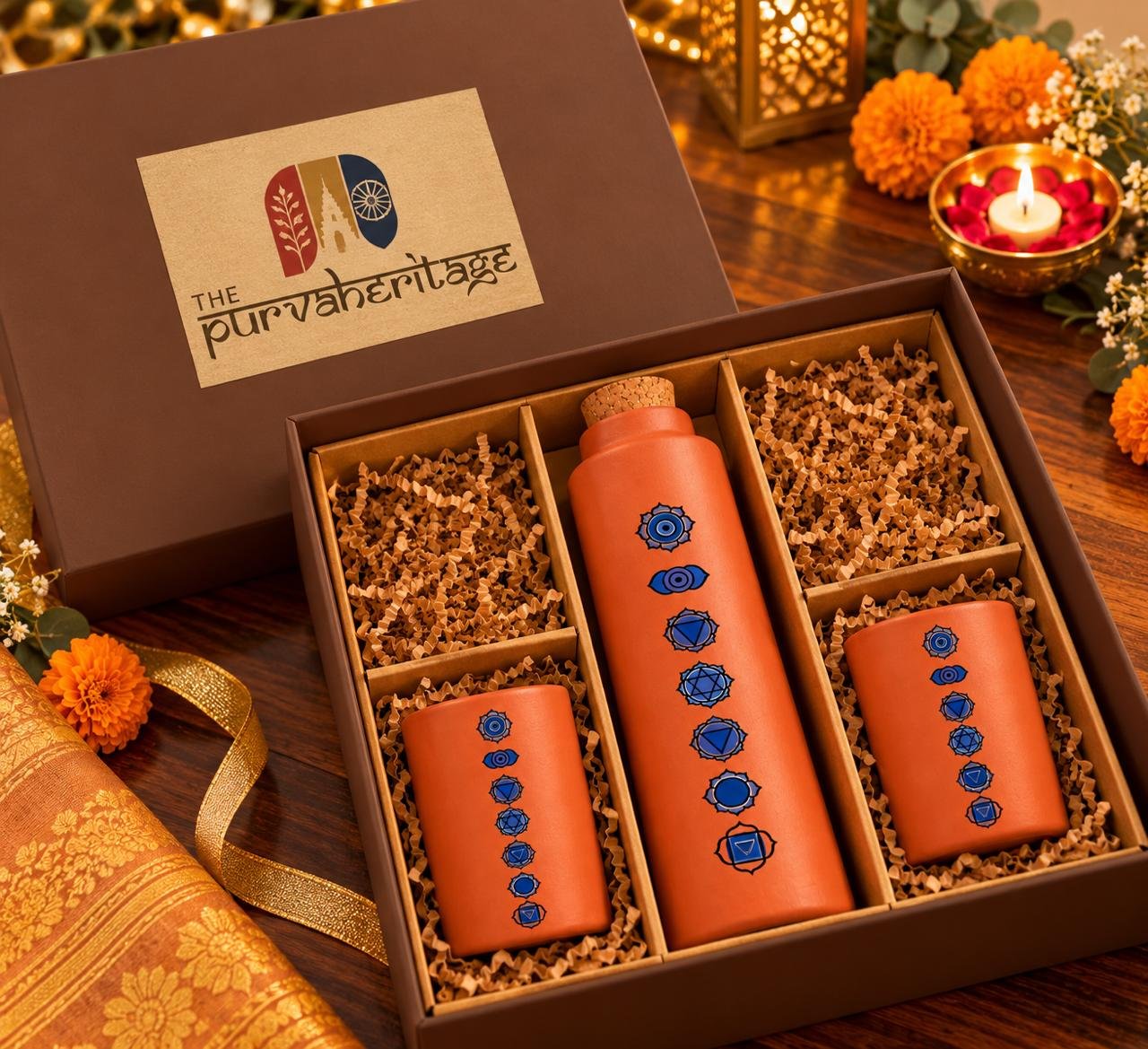 Chakra Terracotta Bottle & Tumblers Gift Box