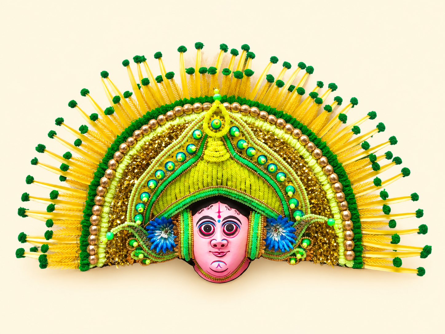 Chhau Mask — Green & Yellow Fan Headdress