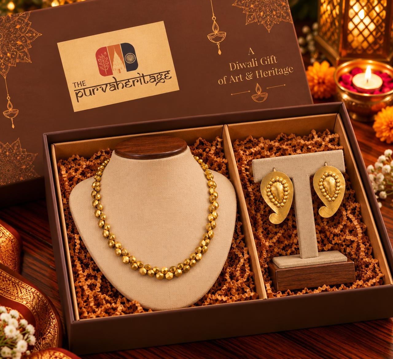 Dokra Bead Necklace & Paisley Earrings Gift Box