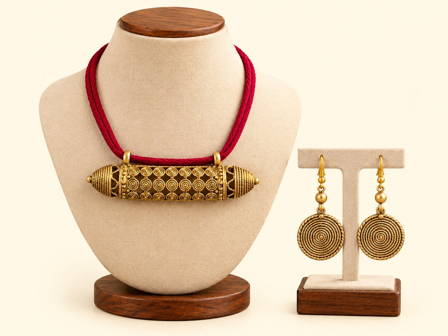 Dokra Gold Spiral Tube Pendant Necklace & Earrings Set