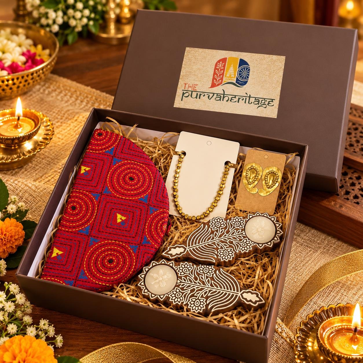 Embroidered Pouch, Dokra Jewellery & Tealight Gift Box