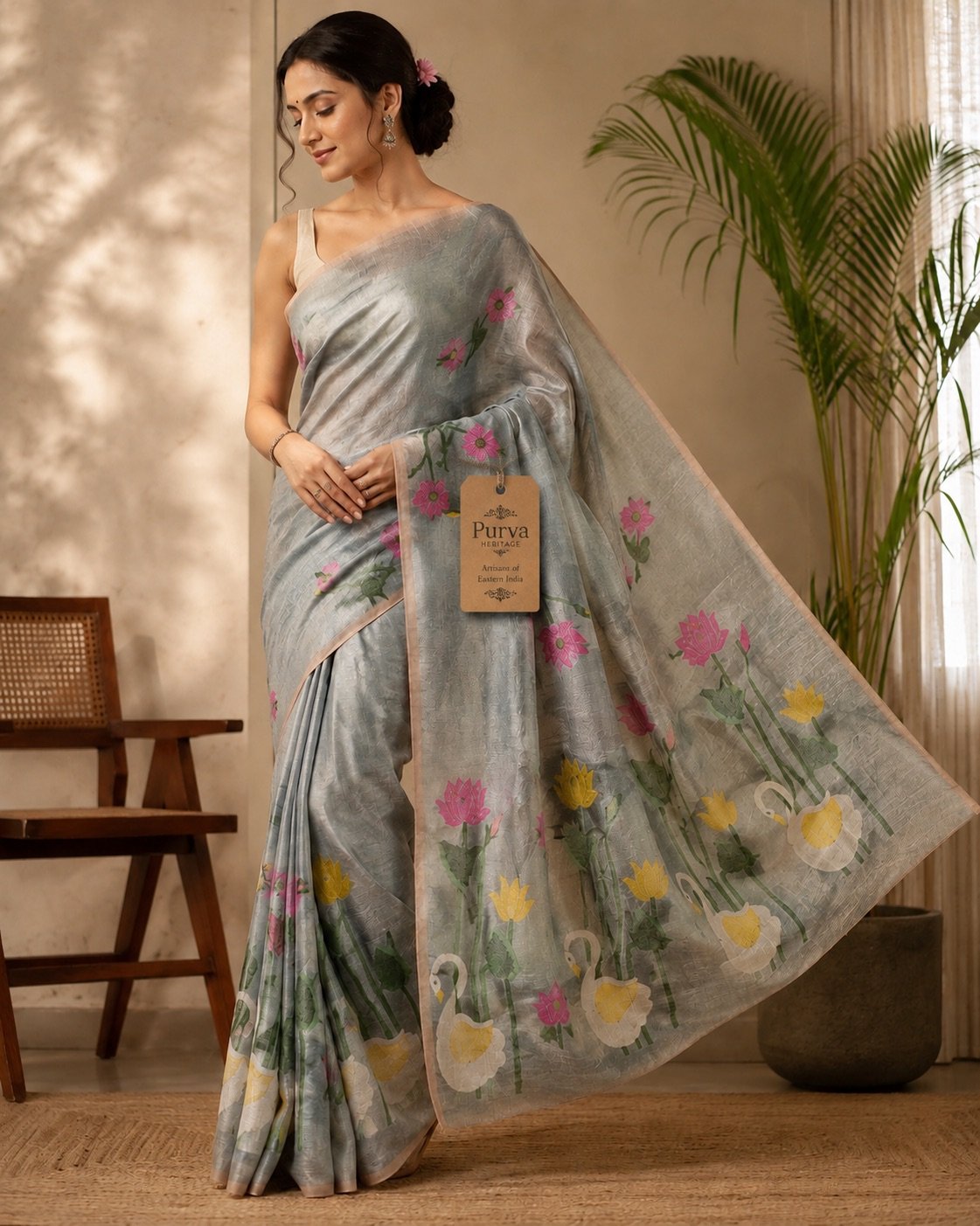 Grey-Blue Jamdani Saree with Swan & Lotus Pallu