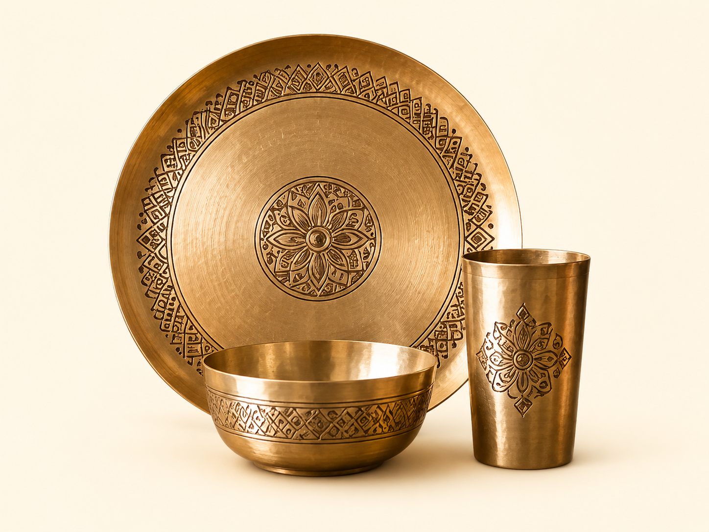 Hand-Engraved Antique Brass Thali Set