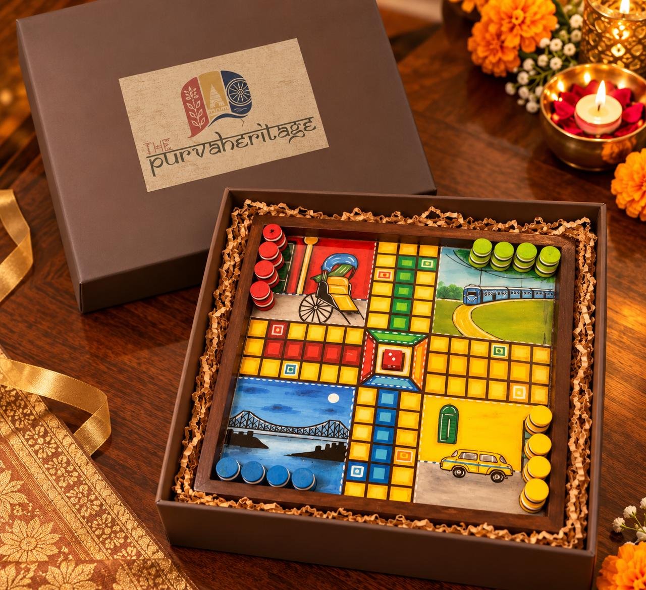 Hand-Painted Kolkata Ludo Board Gift Box