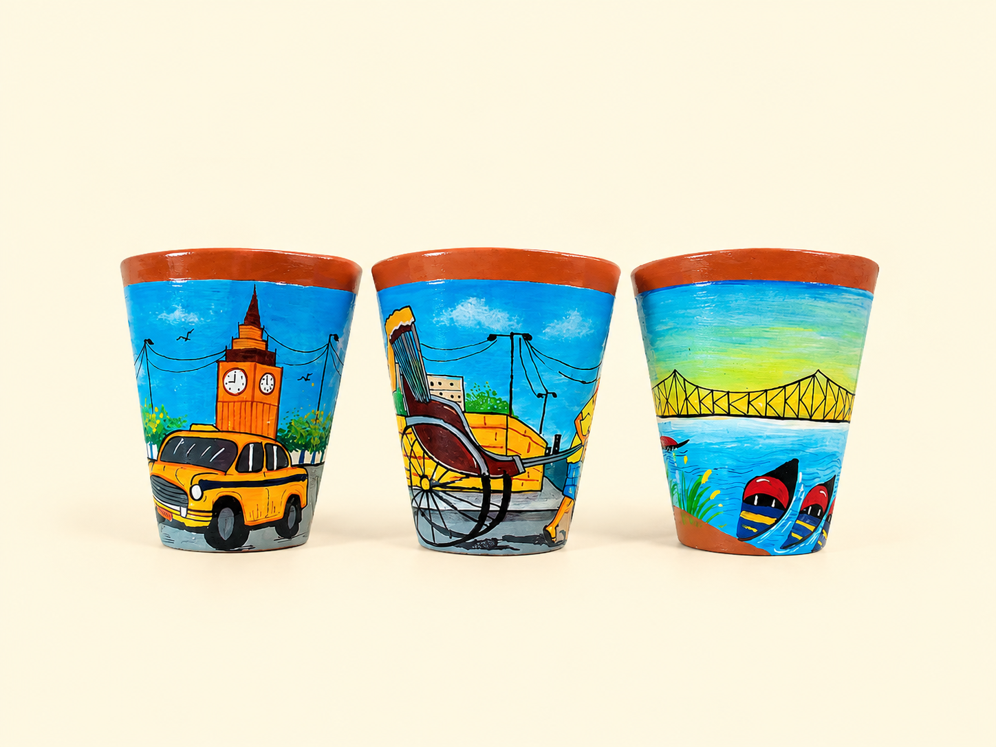 Hand-Painted Terracotta Kulhad Set of 3 — Kolkata Scenes