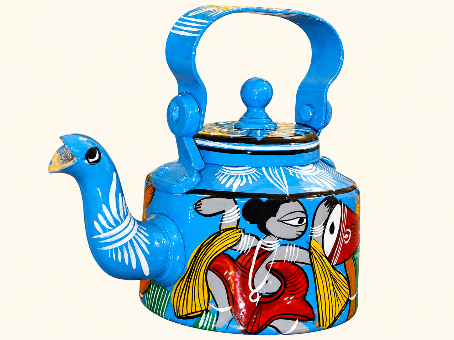 Patachitra Painted Kettle — Sky Blue with Bird Spout