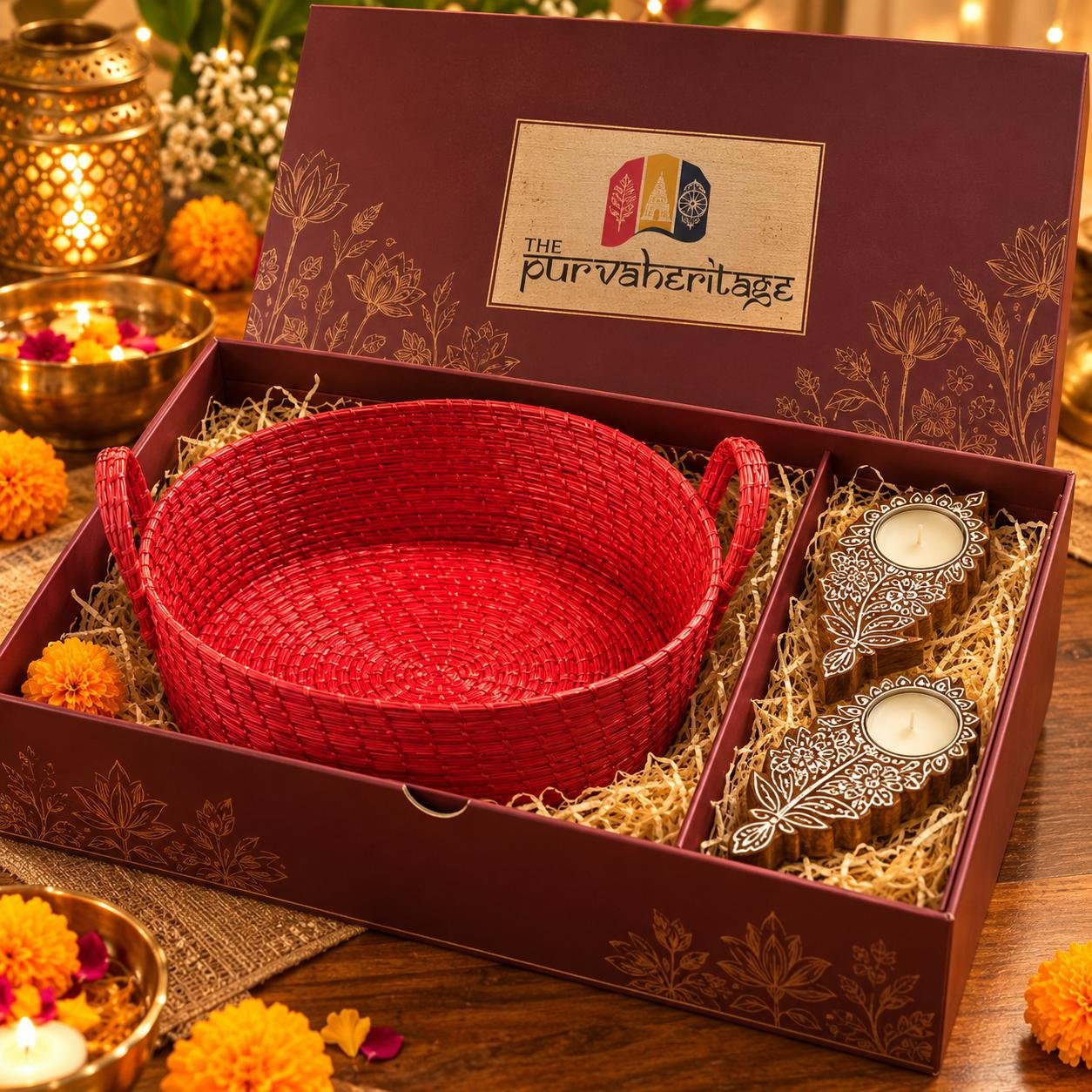 Sabai Basket & Tealight Gift Box — Red