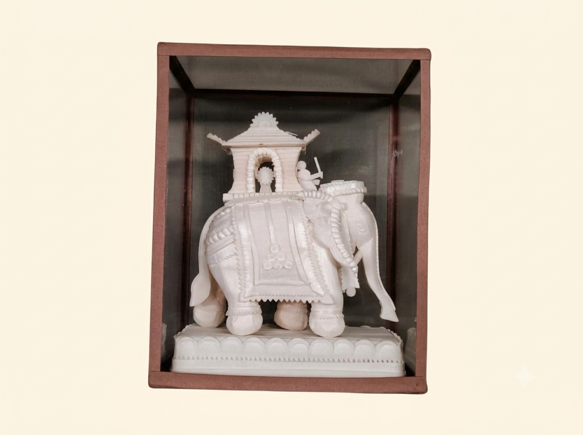 Sholapith Elephant with Howdah — Wooden Case