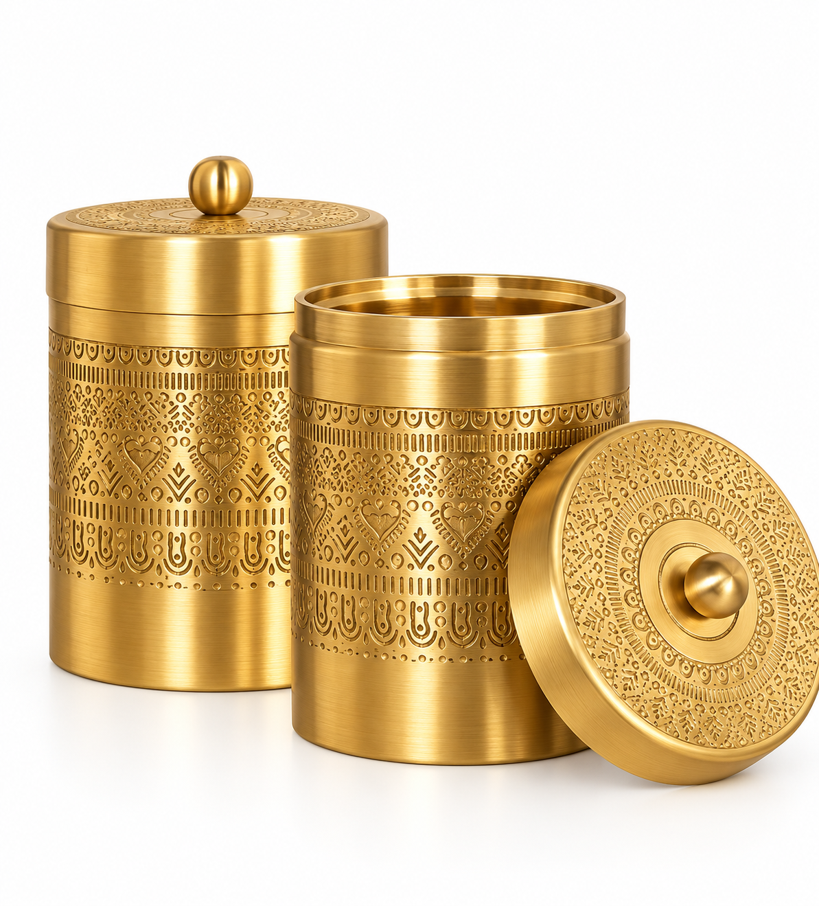 Tree Motif Engraved Brass Jars — Set of 2
