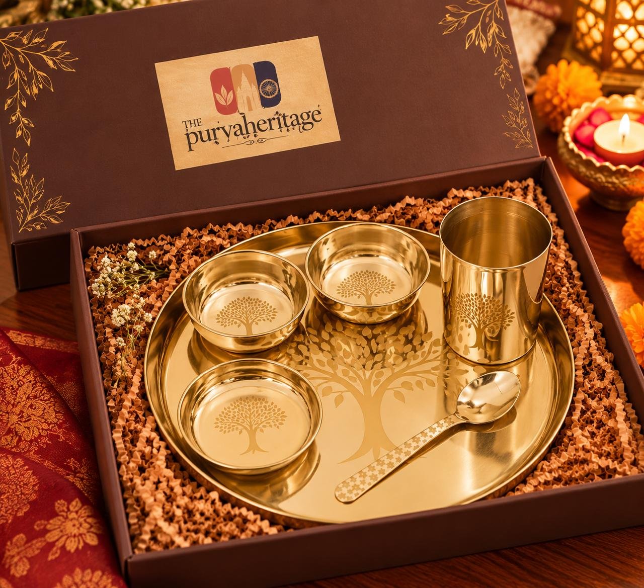 Tree of Life Brass Dinner Set Gift Box