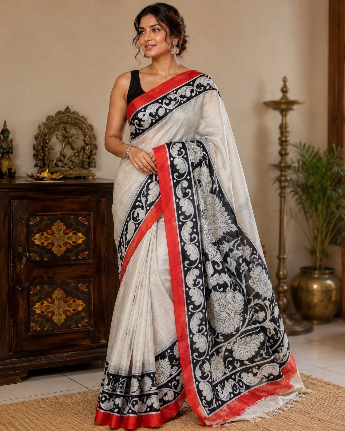 Batik White & Black Hand-Painted Saree with Red Border